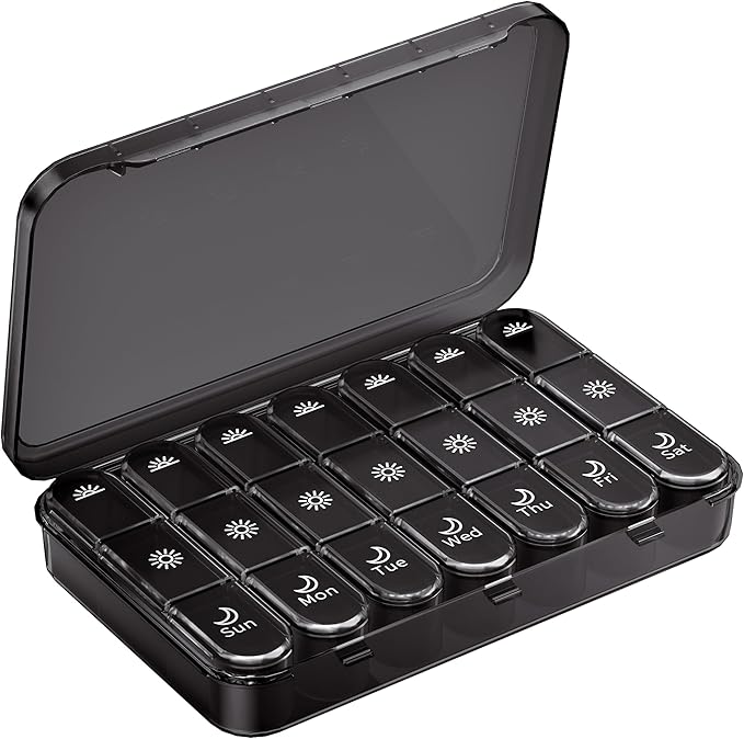 Pill Organizer 3X a Day｜Midnight Black Portable Pill Case｜7-Day Weekly Compartment｜Executive Travel Essential｜BPA-Free Health Companion｜Briefcase Must-Have