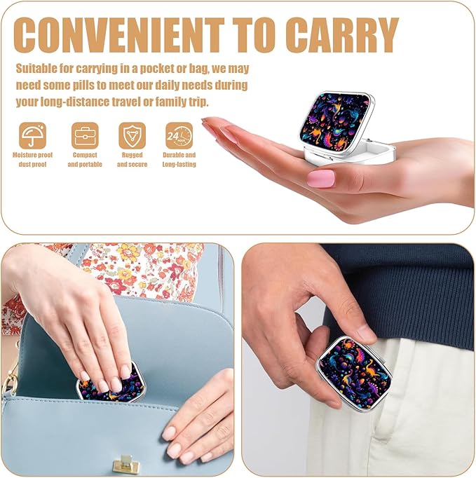 Pill Box-2 Compartment Small Pill Case Square Organizer Case with Mirror Portable Metal Medicine Box Travel Container for Pocket & Purse Women Men(Colorful Dinosaur)