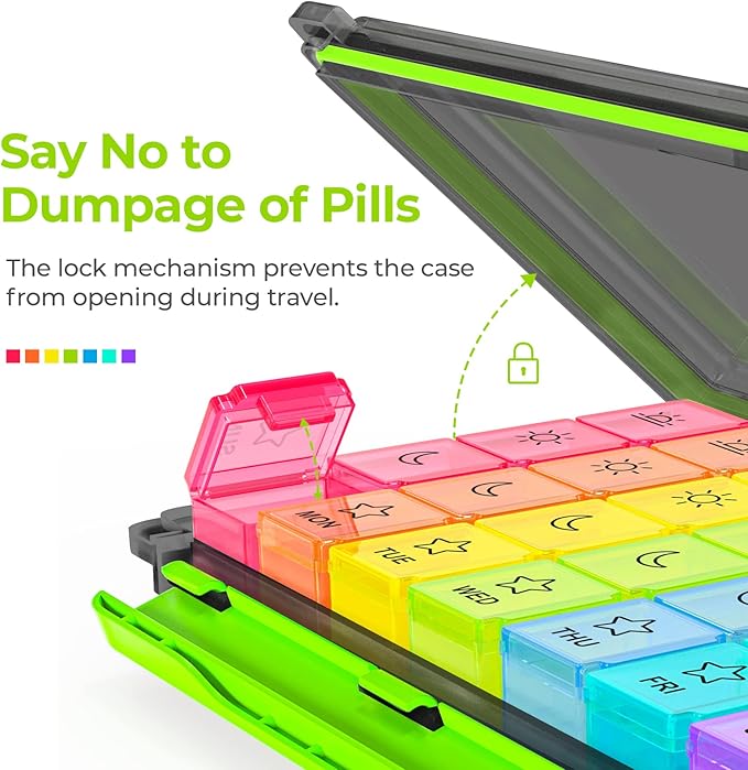 AUVON iMedassist Moisture-Proof Weekly Pill Organizer 4 Times a Day, Large 7 Day Pill Box Case with Portable Design for Travel, Removable Individual Containers Hold Vitamins, Supplements, Medications