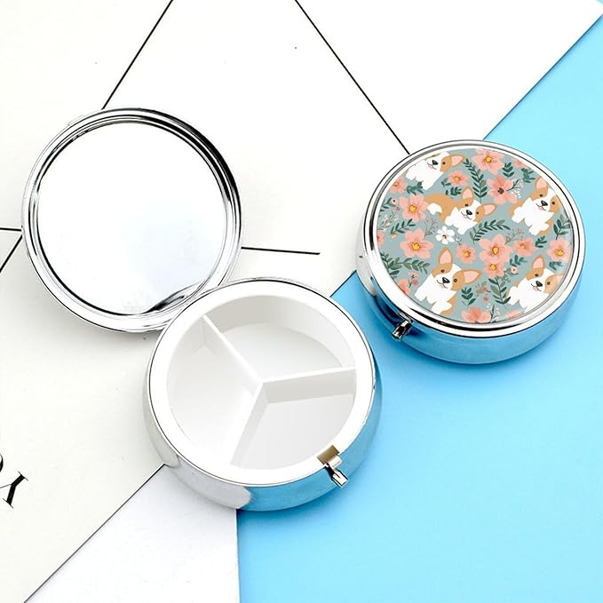 Corgi Floral Flowers Spring Garden Pill Box Travel Pill Case for Purse Pocket Weekly Medicine Organizer with Mirror 3 Compartment Round Medicine Case Portable PillcaseHolder for Daily