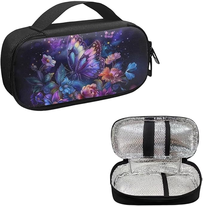Butterfly Flowers Insulin Cooler Travel Case Insulated Diabetic Bag with Top Handle Medication Cooler Bag for Insulin Pens and Blood Glucose Monitor Supplies Easy to Use