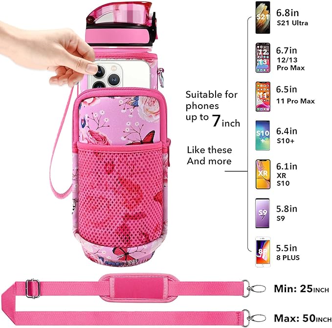 32 oz Water Bottles with Straw & Strap, Motivational Water Bottles with Times to Drink, BPA Free Reusable Sports Water Bottle with Sleeve Carrier for Hiking, Travel, Running or Fitness