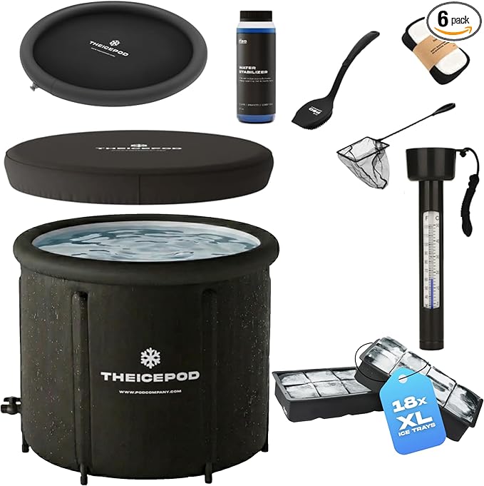 The Pod Company – The Original Ice Pod 84-Gallon Ice Bath Bundle – Portable Cold Plunge Tub with Insulated Lid, Thermometer, Water Stabilizer, 12 Ice Bricks & Cleaning Kit for Recovery & Wellness