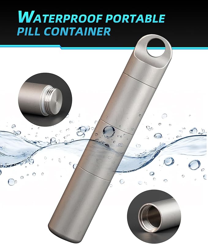 Small Keychain Pill Holder,304 Stainless Steel Portable Pill Case Organizer for Travel,Waterproof Pocket Pill Container Medicine Box for Purse Men (0.61in with Spoon)
