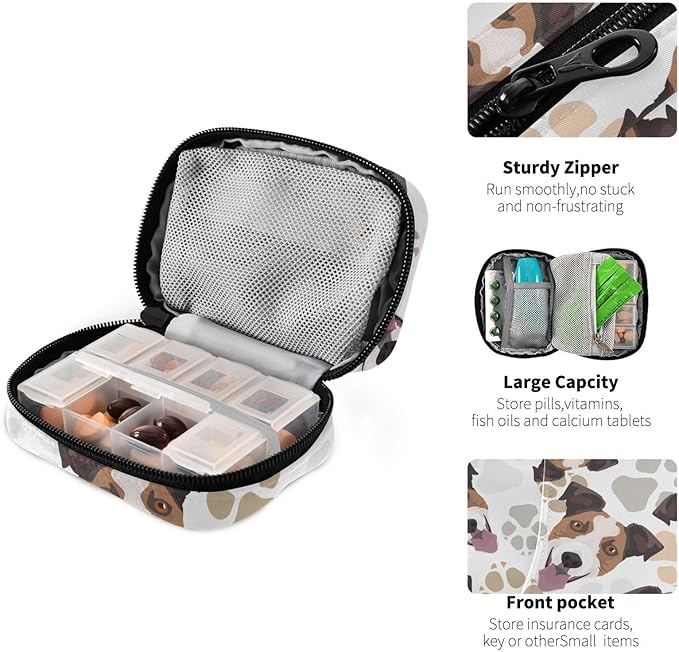 Jack Russell Terrier Dog Pill Box 7 Day Pill Case Travel Pill Organizer Bag with Zipper Portable Weekly Vitamin Medicine Supplement Holder Pouch Bag