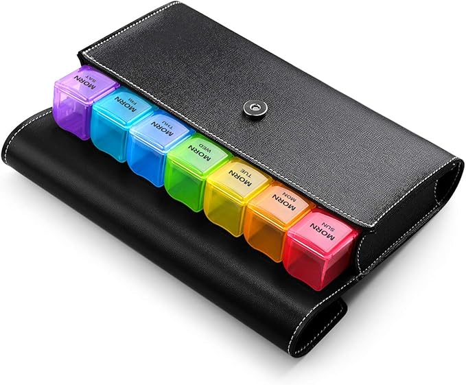 Sukuos Weekly Pill Organizer 4 Times a Day with PU Leather Case, Large 7 Day Pill Box (Morning Noon Eve Bed), Daily Pill Case for Vitamin/Fish Oil/Supplements