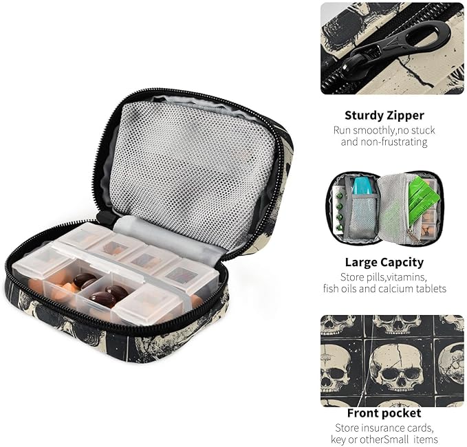 Skull Collection Travel Pill Case, Weekly Pill Boxes 7 Days Portable Pill Organizer Supplement Holder