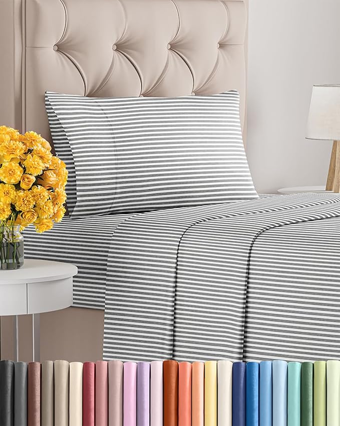 Twin XL Size 3-Piece Sheet Set - Extra Soft, Breathable & Cooling - Hotel Luxury Durable Bed Sheets - Deep Pockets, Easy-Fit & Wrinkle-Free - Grey Stripes Oeko-Tex
