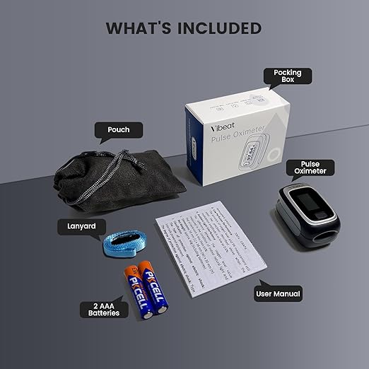 Vibeat Fingertip Pulse Oximeter, Blood Oxygen Saturation Monitor, Finger O2 Sensor with Pulse Rate, Batteries and Lanyard Included, Black