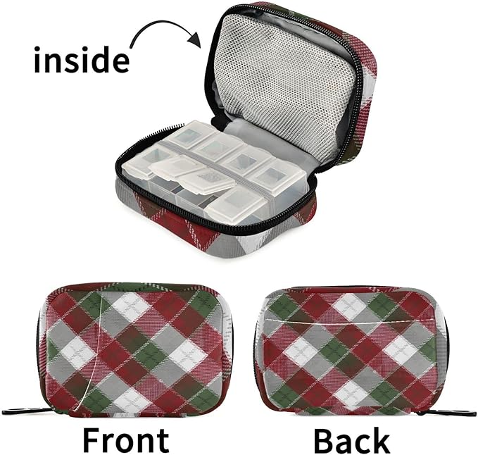 Christmas Plaid Pattern Red Travel Pill Organizer Case Box Container Weekly Portable Vitamin Medicine Holder Storage Bag with Zipper Removable