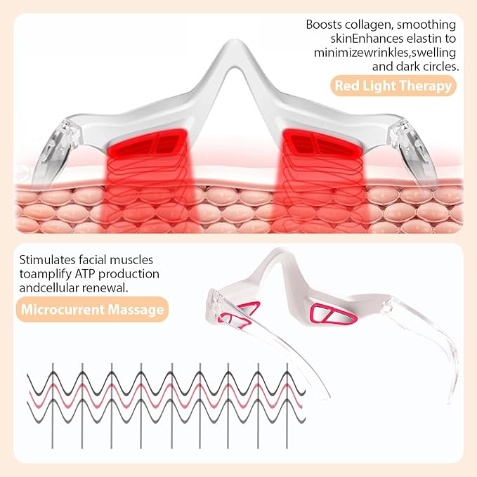 Under Eye Light Therapy Device, Red Light Therapy Glasses, 3 Modes Microcurrent Eye Massager, Red Light Eye Mask for Eye Bags Dark Circles Puffiness Wrinkles Fine Lines