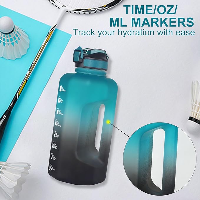 GEMFUL 2.2L Water Bottle with Straw & Time Marker Large BPA-Free Motivational Jug for Gym Sports Hiking Leakproof with Handle (Green/Black)