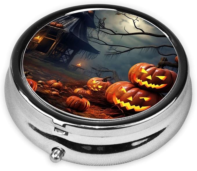 Pumpkins Lanterns Party Print Pill Box 3 Compartment Small Pill Case Portable Pill Box for Pocket Or Purse Cute Medicine Organizer Holder to Hold Vitamins Medication