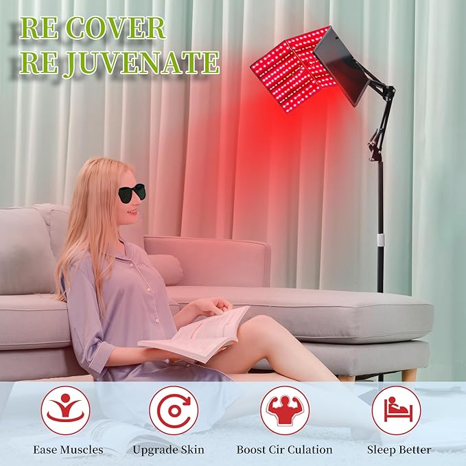 Foldable Red Light Lamp with Protective Glasses,480 LEDs 660nm Red & 850nm Near Infrared Lamp with Adjustable Stand,6 Time Settings,5 Brightness,3 Light Modes