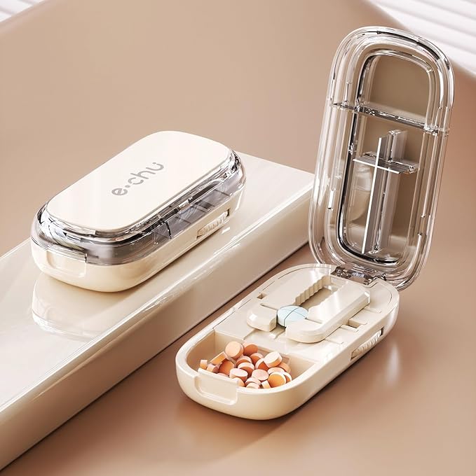 Pill Cutter (Off-White with Brush) Cutter Divider丨Pill Divider丨Pill Divider, Pill Divider for Cutting Pills, cuts Small or Large Pills in Half, Suitable for Travel, Pets