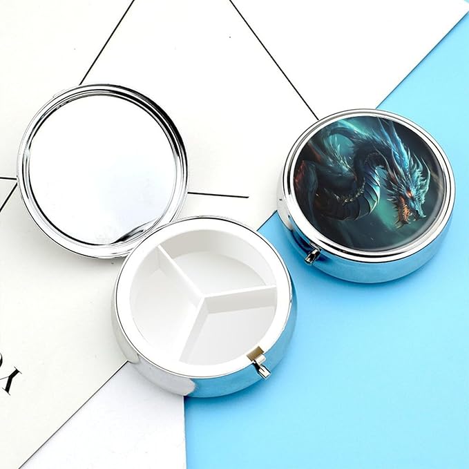 Dragon Pill Box 3 Compartment Small Pill Case Portable Pill Box for Pocket Or Purse Round Metal Pill Box Cute Medicine Organizer Holder to Hold Vitamins Medication
