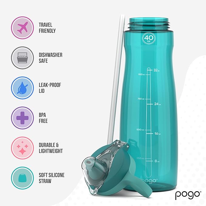 Pogo Plastic Water Bottle with Straw Lid and Carry Handle, Reusable, BPA Free, Dishwasher Safe, Perfect for Travel, School, Outdoors, and Gym | 32oz, 40oz