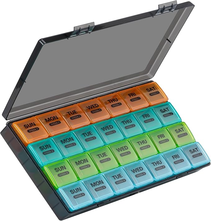 Monthly Pill Organizer, 28 Day Pill Box 1 Time a Day with Dust-Proof Case, Large 4 Weeks a Month Pill Case Container, Daily Vitamin Case Box for Pills/Medicine/Fish Oil/Supplements（Colorful）