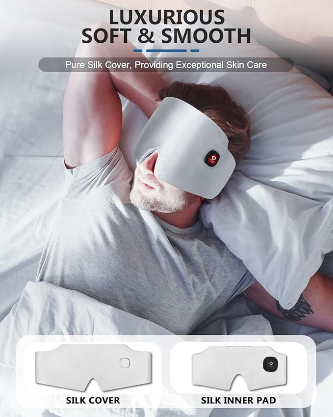 Silk Heated Eye Mask, 2000mAh Large Size Cordless Sleep Mask Warm Eye Compresses Electric Eye Heating Pad for Stye Blepharitis Dry Eyes Sinus Migraine Gifts for Men Woman (Grey)