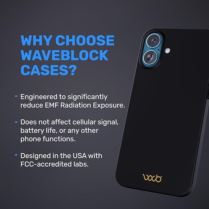 WAVEBLOCK EMF Protection Silicone iPhone Case, Radiation Blocker Cell Phone Case, 5G Shield Reduction, Lightweight, USA Patented and Tested in FCC Lab, iPhone 16 Plus Black