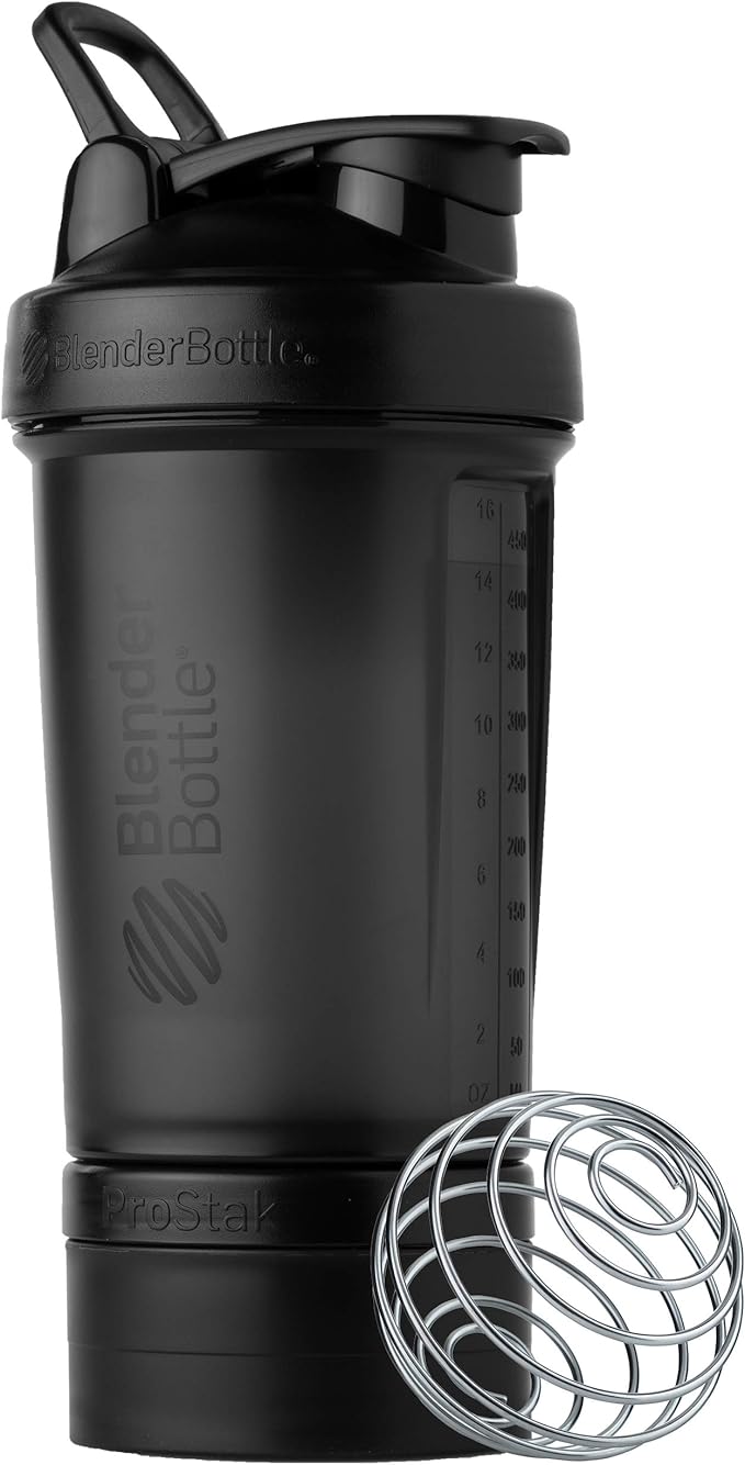 BlenderBottle Shaker Bottle with Pill Organizer and Storage for Protein Powder, ProStak System, 22 Ounce, Midnight Black & ProStak Twist n' Lock Storage Jars Expansion 2-Pak with Pill Tray, All Black