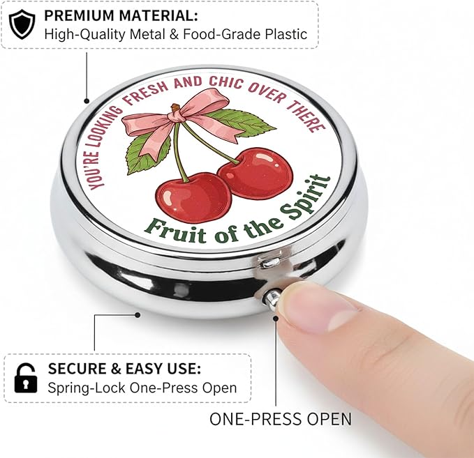 Round Pill Case Small Pill Box with Mirror Pocket 3 Compartment Vitamin Pill Medicine Case Organizer Pill Containers for Traveling Cherry Bow Positive