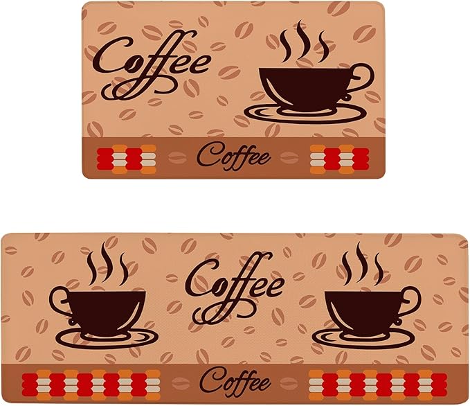 Anti Fatigue Kitchen Rugs Set of 2, Coffee Kitchen Mats for Floor, Farmhouse Kitchen Decor, Anti-Slip and Anti-Fatigue Foam Standing Mat, 17x30 inch Sink Mat+17x47 inch Runner Rug Brown