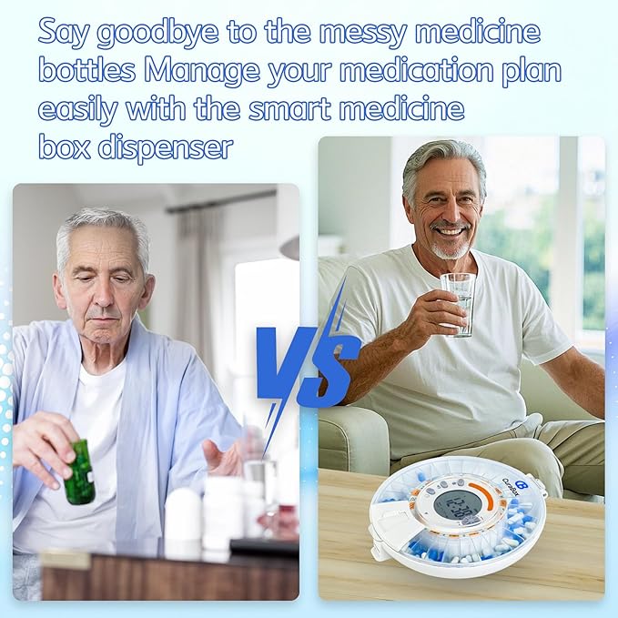 Automatic Pill Dispenser for Elderly with Alarm - WiFi App Monitoring - 28 Day Medication Organizer for Care Monitoring with Lock Key, Light/Sound Alarms for Prescriptions & Vitamins
