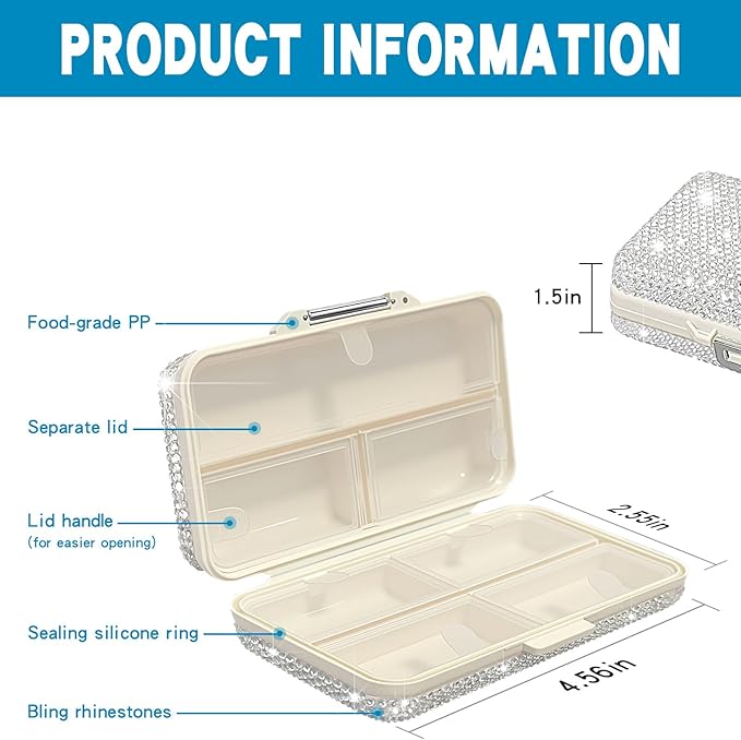 Yivaiks Bling Travel Pill Organizer Crystal Rhinestone 7 Compartments Portable Pill Case Daily Pill Box to Hold Vitamins Small Pill Container for Pocket Purse Medicine Organizer(White)