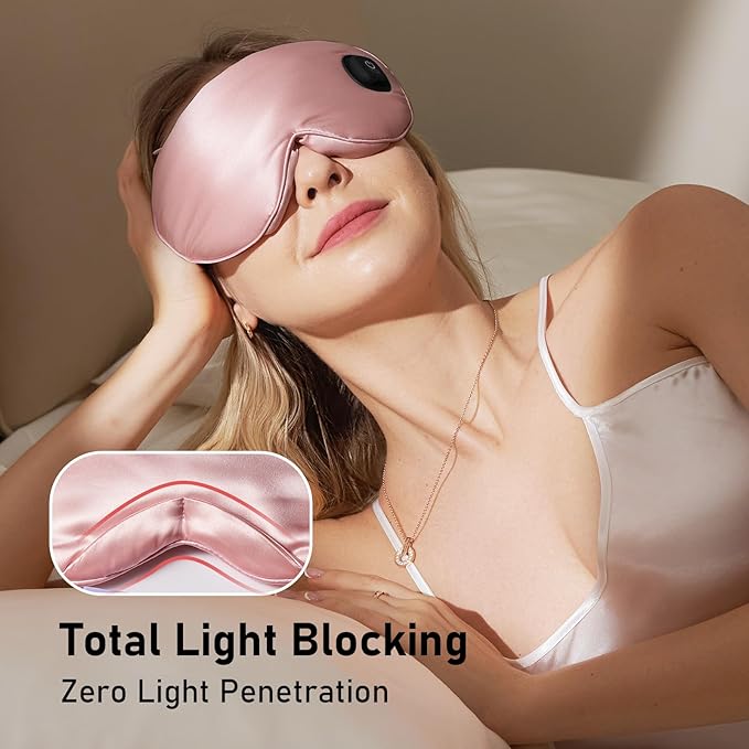 LitBear Heated Eye Mask, Silk Cordless Warm Eye Compress for Dry Eyes, Light Blocking Heat Eye Mask for Women Men, Soft Eye Heating Pad for Dry Eyes, Travel, Rechargeable, Washable Cover (Pink)