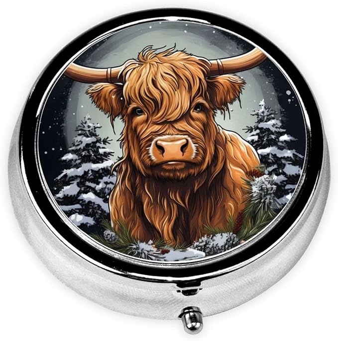 Highland Cow Fir Tree Pill Box 3 Compartment Pill Case, Portable Medicine Pill Organizer for Pocket Purse Pill Box Decorative Metal Medicine Vitamin Organizer