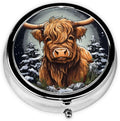 Highland Cow Fir Tree Pill Box 3 Compartment Pill Case, Portable Medicine Pill Organizer for Pocket Purse Pill Box Decorative Metal Medicine Vitamin Organizer