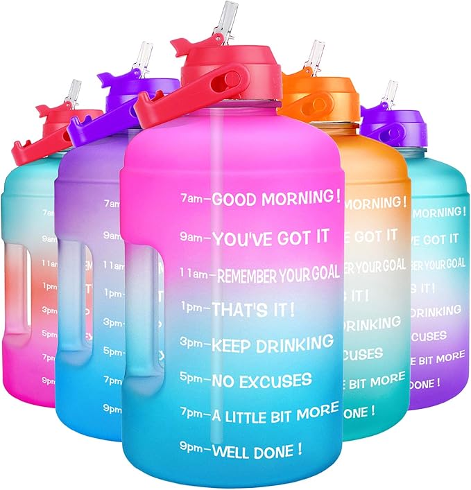 QuiFit 1 Gallon Water Bottle - with Straw & Motivational Time Marker Leak-Proof BPA Free Reusable Gym Sports Outdoor Large(128OZ/73OZ) Capacity Water Jug