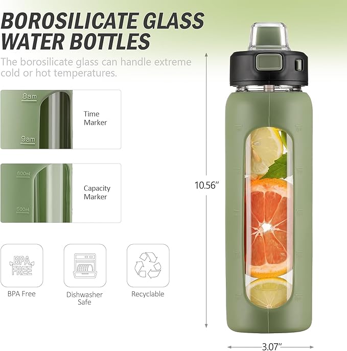 Kodrine Water Bottle With Straw and Carry Handle, Glass Water Bottle 24 oz Leak Proof Locking Lid with Soft Silicone Spout, Reusable Drinking Cups for Travel Sports with Time Marker,Olive