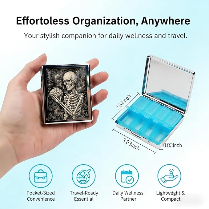 Metal 7 Day Pill Organizer, Cute Small Weekly Pill Case with 8 Compartments for Travel, Moisture-Proof Medicine Holder for Purse, Compact Daily Vitamin Box (Mystic Skeleton)