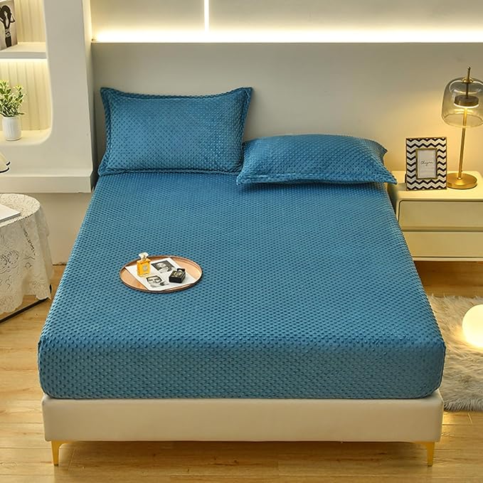 ZIQINPSQ Coral Velvet Fitted Sheet-Thickened Cold-Resistant and Warm Bed Sheets-Soft Velvet Fleece Fitted Sheets with-Elastic All Around. (CadetBlue, Queen)