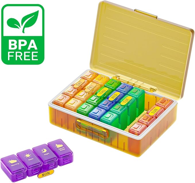 Weekly Pill Organizer 4 Times a Day, Large Compartments Pill Box 4X 7 Day, Medicine Organizer Pill Case for Pills/Vitamins/Fish Oils/Medication/Supplements (4x7 Yellow + Rainbow)