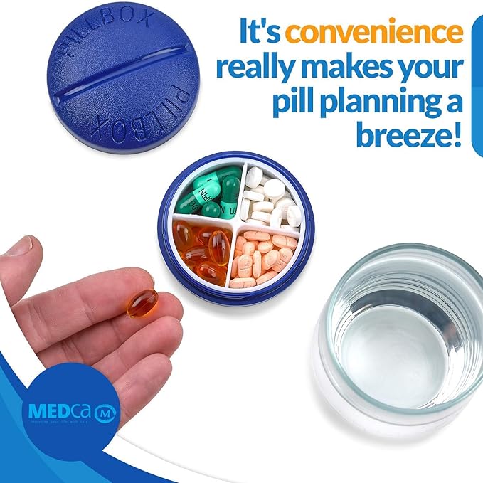 Small Pill Boxes - Pack of 2 - Mini Compact Round Portable 4 Compartment Travel Pills Case Organizer, Vitamin and Medication Dispenser Holder for Up to 4 Times a Day, BPA Free Pill Reminder