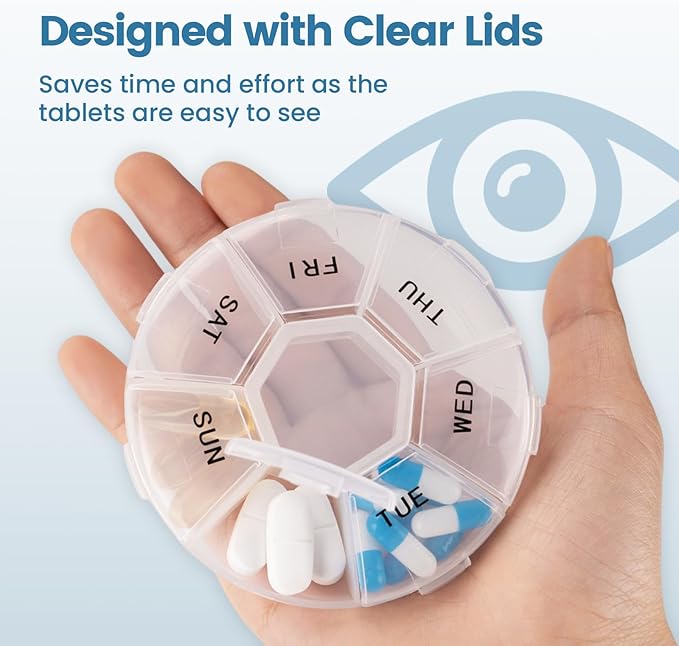 Travel Pill Organizer 7 Day, Pill Case, Vitamin Organizer, Small Daily Pill Container for Pocket Purse Medicine Organizer, White and Clear Lids