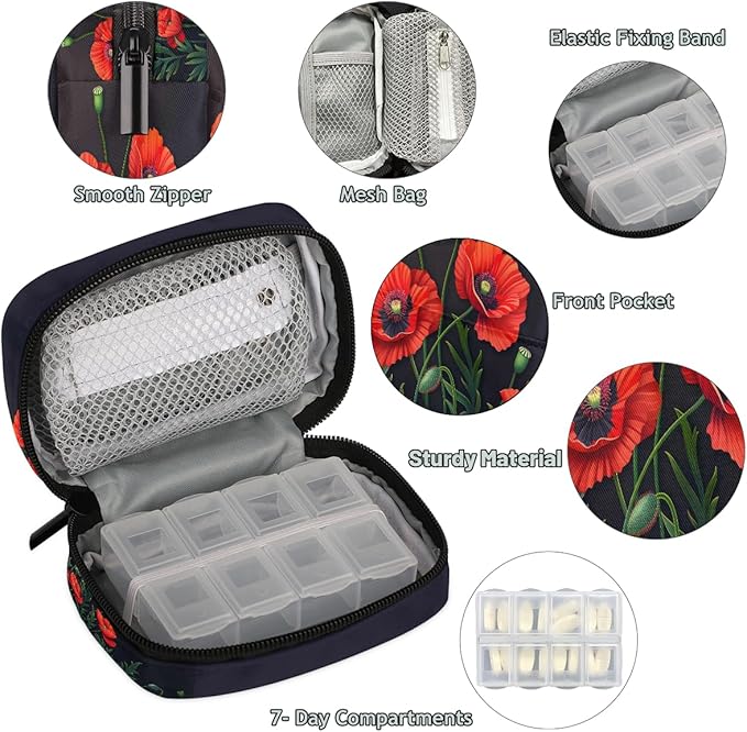 Weekly Travel Pill Organizer Case for Purse with Removable 7 Day Box Portable Compact Size Pill Box Fashionable Pill Container for Medicine Vitamin Supplement Flower Floral Poppy