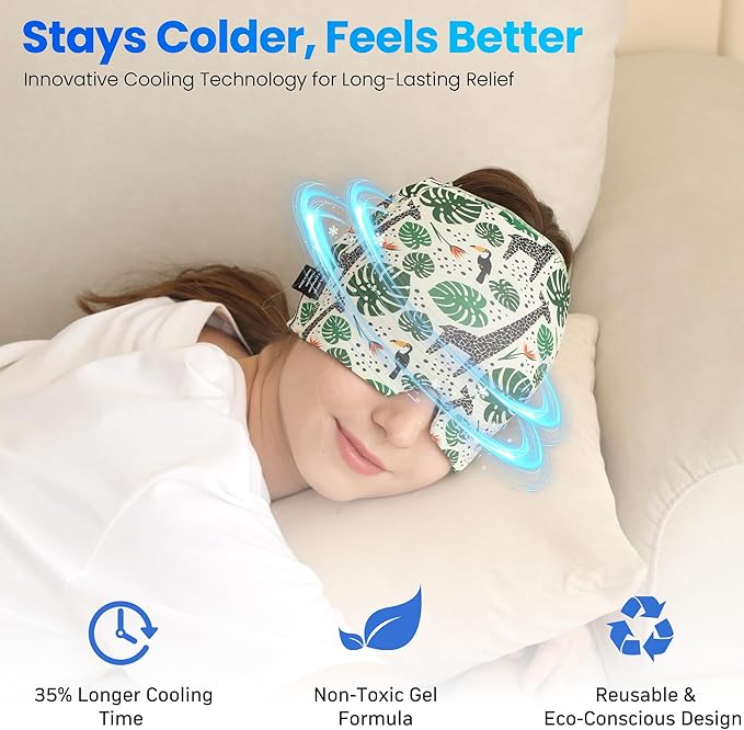 Migraine Relief Cap, Reusable Headache Relief Cap with Hot & Cold Therapy, Soothing Headache Hat, Odorless Gel Ice Head Wrap for Tension, Stress, Sinus & Headache, Rainforest Style, 1Pc