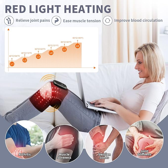Red Light Therapy Knee Massager with Heat for Arthritis Pain Relief, Cordless 3 in 1 Knee Shoulder Elbow Massage Brace Rechargeable for Relaxation & Fatigue Recovery