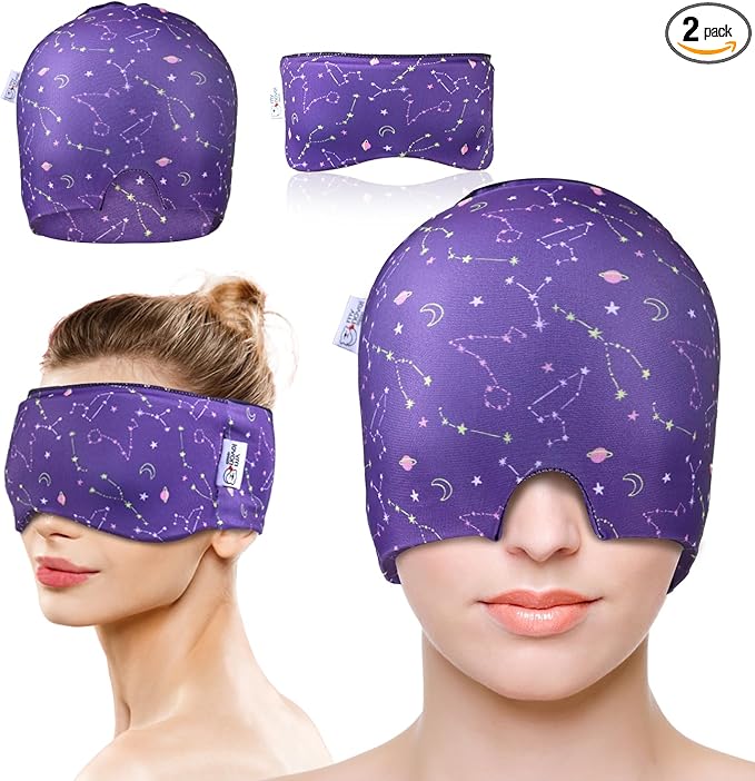 Migraine Relief Cap, Gel Cooling 2 Pack Set, Headache Relief with Hot/Cold Ice Cap, Instant Headache Relief, Reusable Ice Pack for Stress Sinus Relief Migraine Mask Gift for Women Man