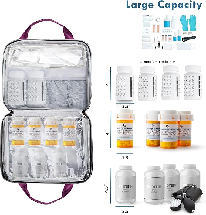 BAGSFY Medicine Bag for Traveling, Pill Bottle Organizer Storage, Large Medication Travel Case, Pills Box for Vitamin, First Aid Kit Bags Empty. (Comes with Weekly Pill Organizer)