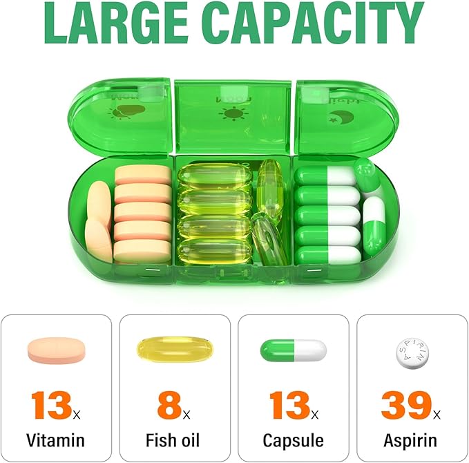Weekly Pill Organizer 3X a Day, 7 Day Pill Box 3 Times, Portable for Travel Pill Case for Pills/Vitamin/Fish Oil/Medication/Supplements (3x7 Green)