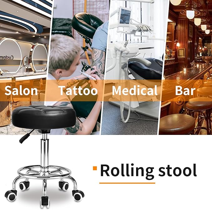 Rolling Stool PU Leather Round - Ultra Soft Padded Seat Cushion Stool with Wheels with Footrest, Weight Capacity 300lb,Adjustable Height Stool for Tattoo Massage Salon Medical Spa Center (Jet Black)
