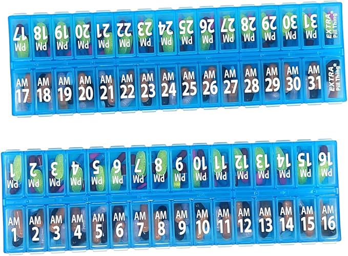 Twice-a-Day Monthly Pill Box Planner Set - AM & PM Medication Organizer for 31 Days! Set Contains 2 Organizers for One Month. (Blue - 31 Day AM/PM -1 Pack)