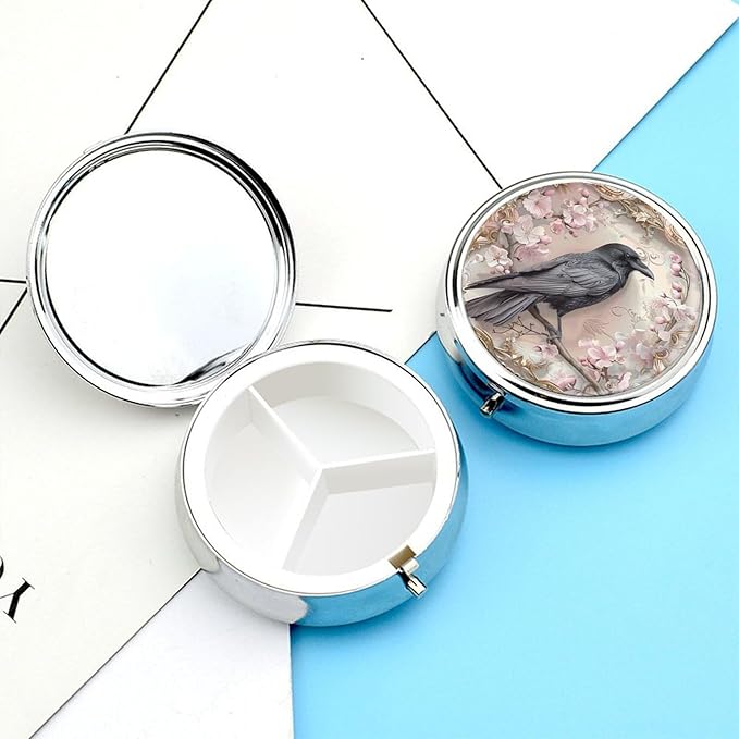 Pill Box-3 Compartment Small Pill Case, Portable Round Pill Box for Pocket or Purse, Decorative Metal Medicine Vitamin Organizer. (Bird)