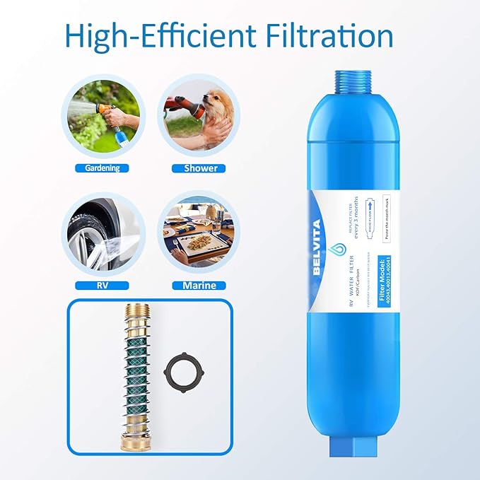 BELVITA RV Inline Water Filter with Hose Protector Reduces Lead, Fluoride, Chlorine, Bad Taste, Odor in Drinking, Washing with 2 Flexible Hose Protector,Dedicated for RVs and Marines,2 Pack