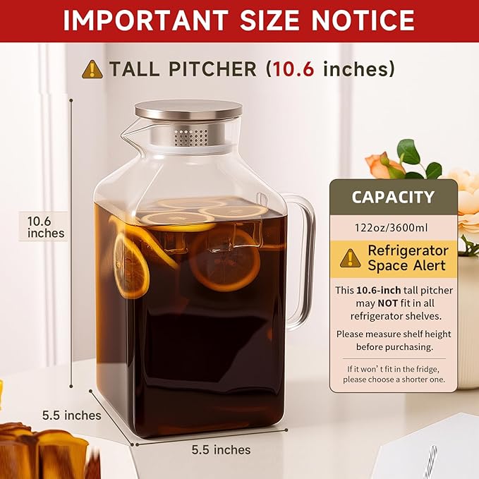 Glass Pitcher, 3.6L Glass Water Pitcher with Tight Stainless Steel Lid, Heat Resistant Borosilicate Glass Carafe, Temperature Safe (MG10)
